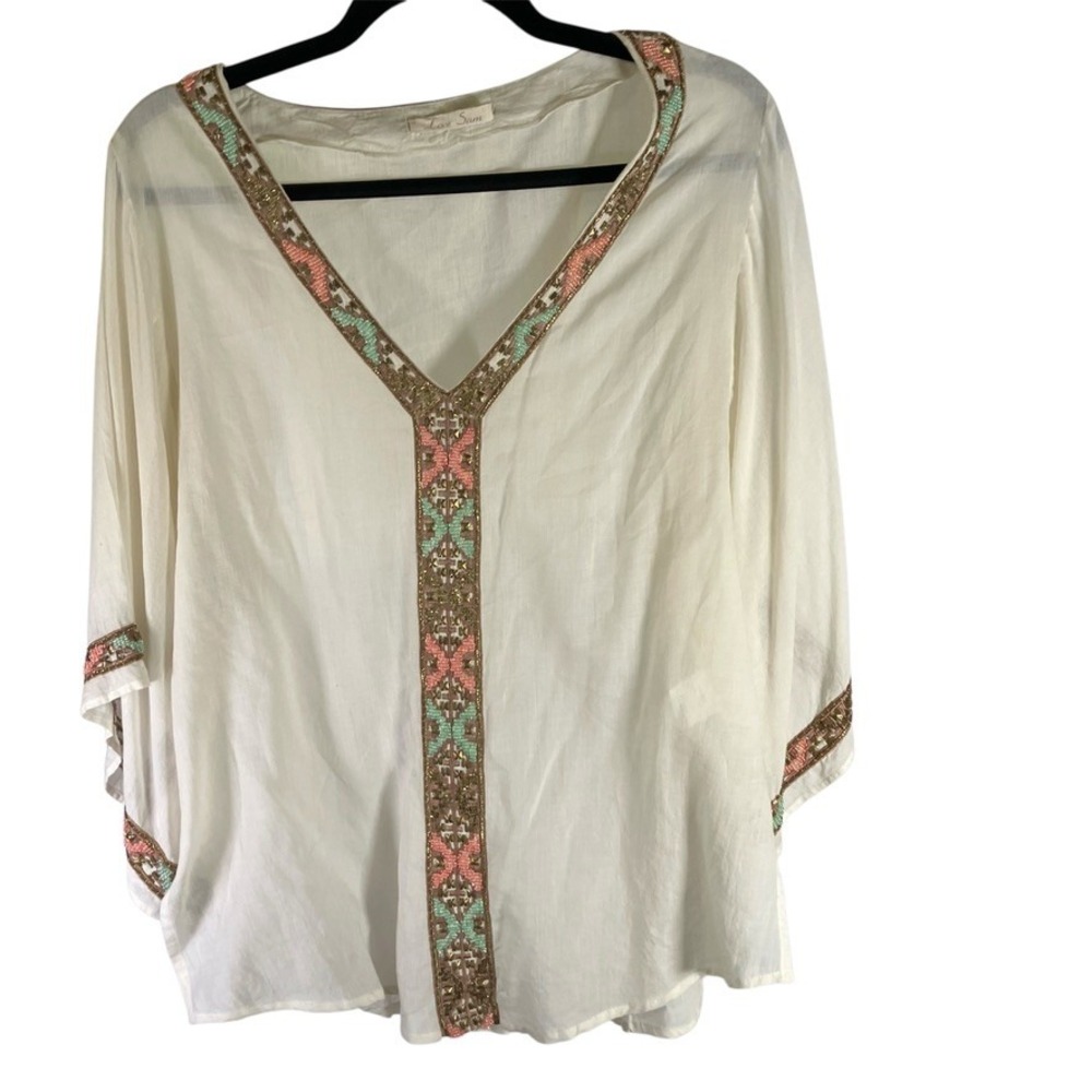 Love Sam Beaded Embroidered Tunic Top Blouse Beige‎ Cotton Boho Women's L